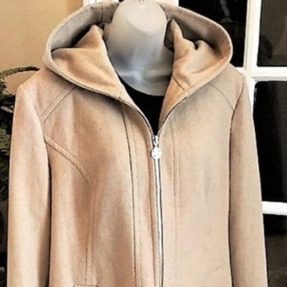 Anne Klein Wool Blend Hooded Tan Coat  EUC